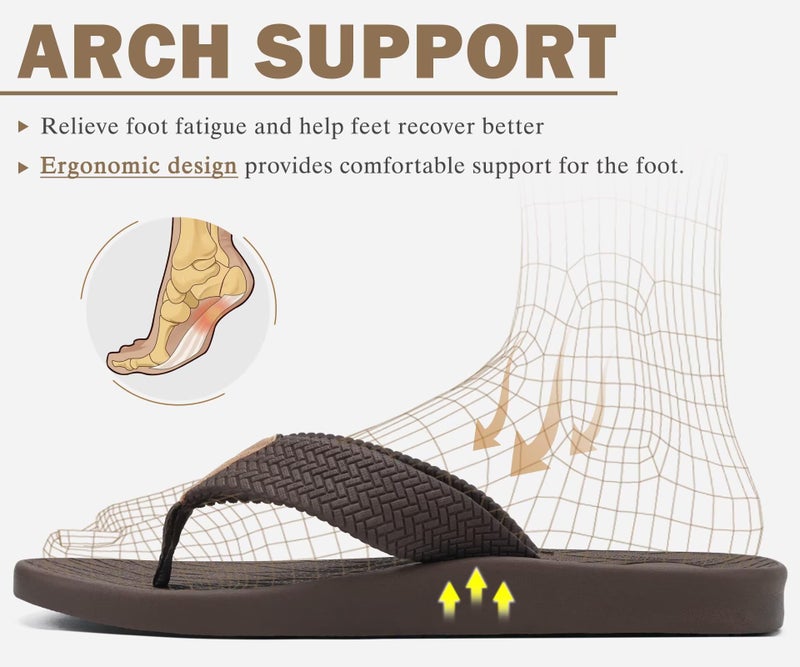 KuaiLu Mens Flip Flops Arch Support Comfortable Cushion Memory Foam Recovery Walking Waterproof Leather Thong Sandals Orthotic Plantar Fasciitis Summer Casual Beach Pool Slip on Slippers Brown Size 9 - Image 4